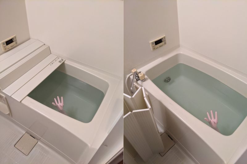 ▲浴缸中的「手」，其實是孩子們使用橡膠手套沒收起來，所造成的景象。（圖／翻攝自《@takeya_syuji》twitter