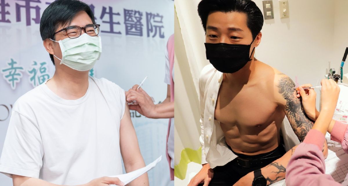 ▲陳其邁臉書貼出他和林昶佐打疫苗的照片，笑說六塊肌是打完疫苗的「不良反應」嗎？（圖／翻攝自陳其邁臉書）
