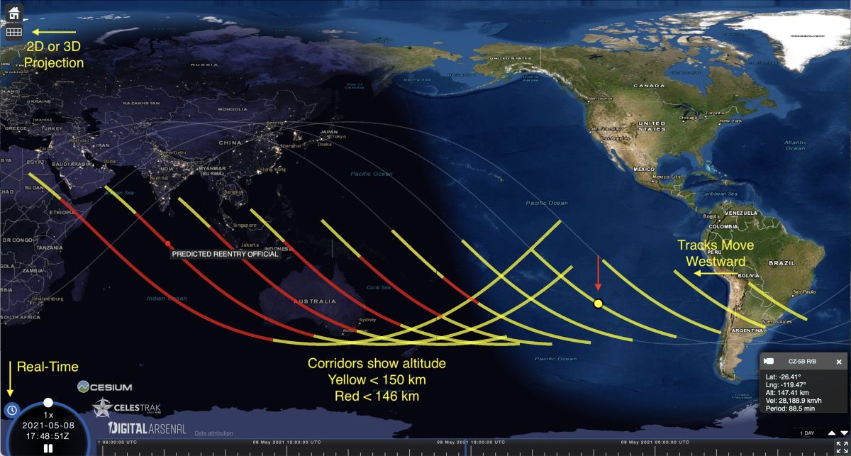 ▲▲中國上星期發射的長征5號B遙二火箭偏離軌道，中國、歐美航太機構預估今（9）日火箭殘骸墜回大氣層。（圖／翻攝自Twiiter）