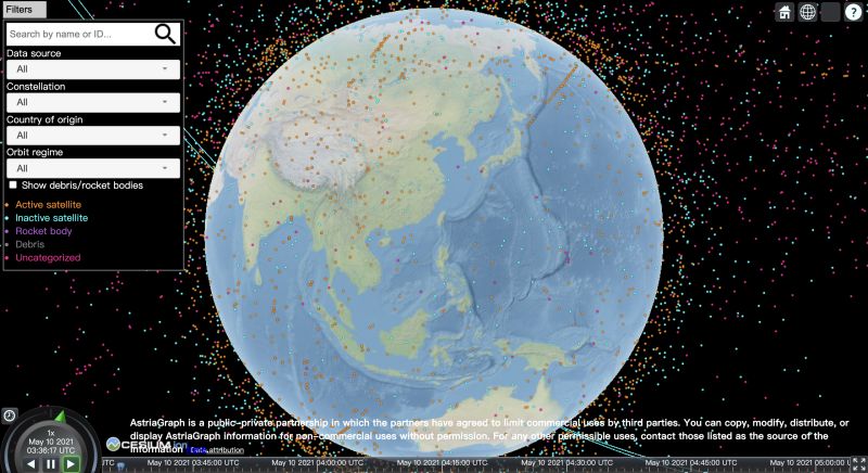 ▲《衛報》指出估計有9300噸太空垃圾在地球繞行。圖為衛星以及太空垃圾分佈的互動地圖，藍點為已無使用的衛星。（圖／翻攝自AstriaGraph網站）