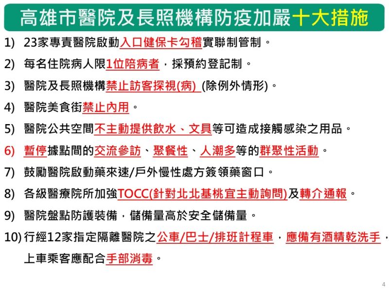 ▲高雄市政府公布「高雄市醫院及長照機構加嚴十大措施」。(圖/高雄市政府提供)
