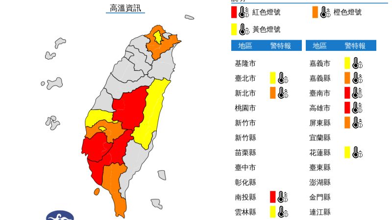 ▲北部及中南部多有攝氏36度以上的高溫，提醒民眾多加注意。（圖／中央氣象局提供）