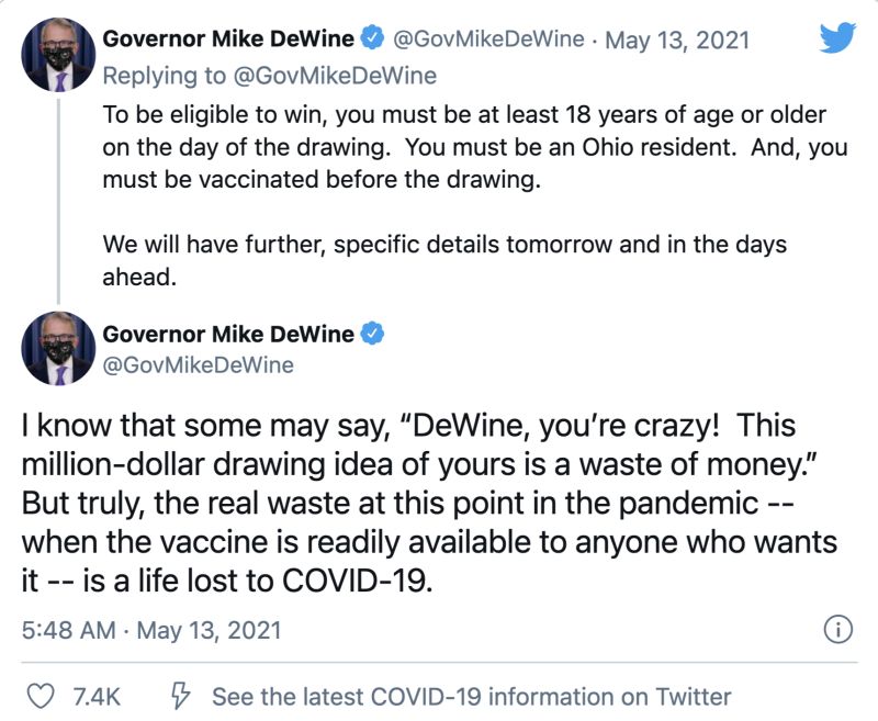 ▲俄亥俄州長狄懷恩指出丟棄疫苗才是真正浪費，因此拿出獎金做為誘因。（翻攝自狄懷恩推特）