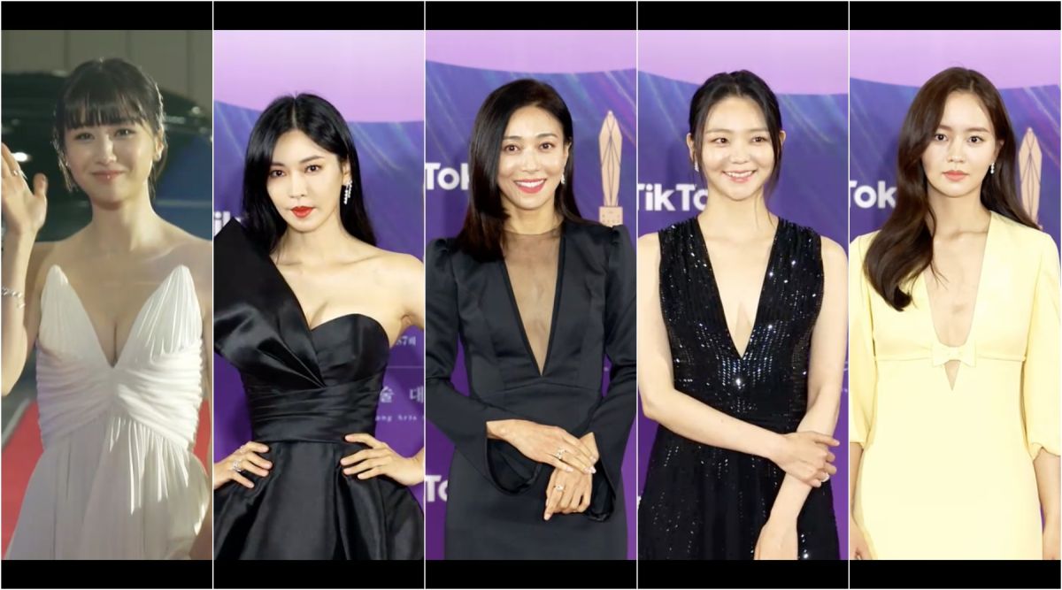 ▲朴河宣（左起）、金素妍、張英南、李絮、金所炫大開深V，性感十足。（圖／tiktok_stage）