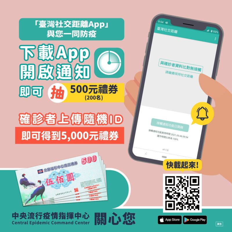 ▲指揮中心祭出抽獎活動，希望民眾能下載使用「台灣社交距離」APP。（圖／指揮中心提供）