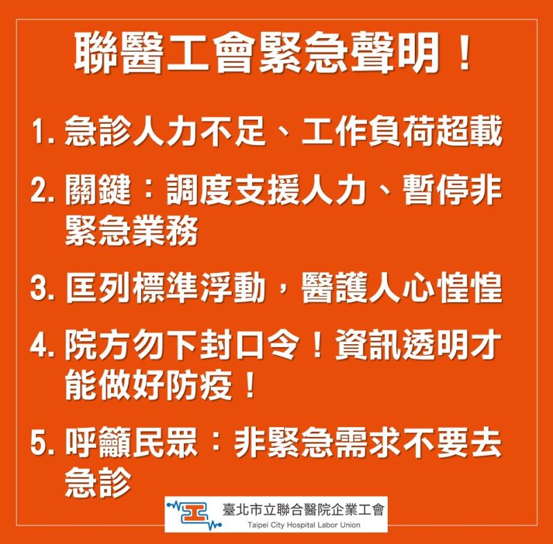 ▲北市聯醫工會發表聲明,呼籲民眾非緊急需求不要去急診。(圖/翻攝自臺北市立聯合醫院企業工會-北市聯醫工會臉書)