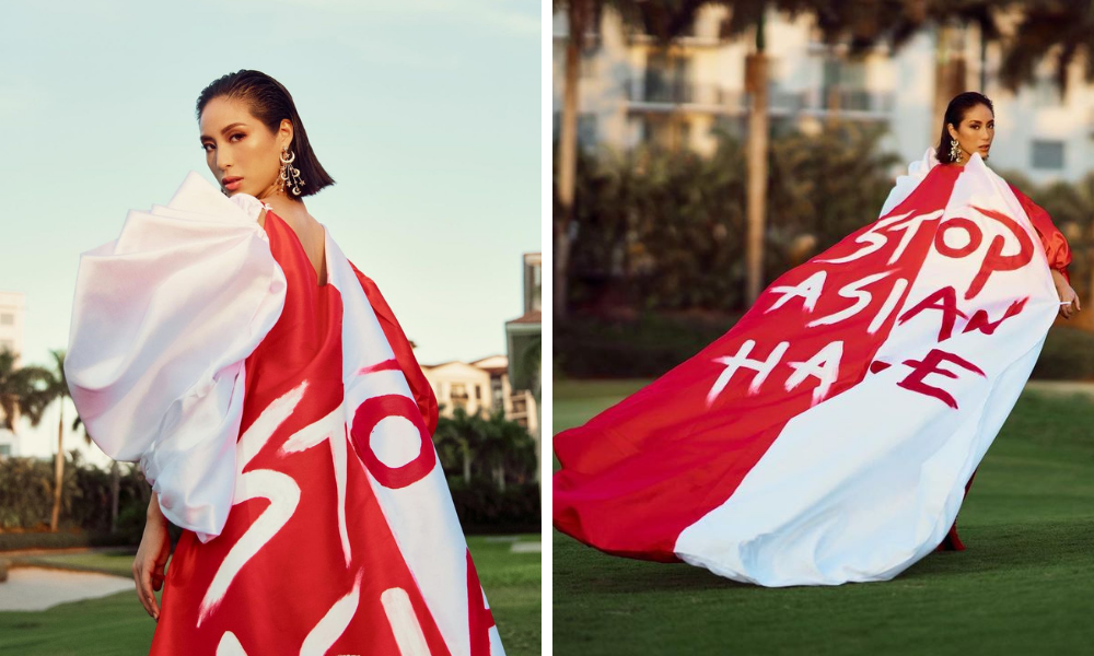 ▲新加坡佳麗穿上寫有「停止亞裔仇恨」字樣的服裝，搭配新加坡國旗的基底顏色紅色與白色，引發話題。（圖／翻攝自IG）
