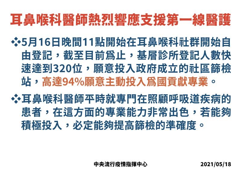 ▲耳鼻喉科醫生熱烈響應支援第一線醫護。（圖／指揮中心提供）