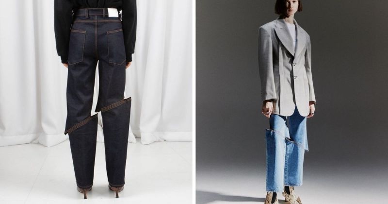 ▲南韓服飾品牌Leje近期在社群媒體上爆紅，原因是他們推出了一件設計奇葩的「劃破牛仔褲」。 (圖/取自@Leje/Instagram)