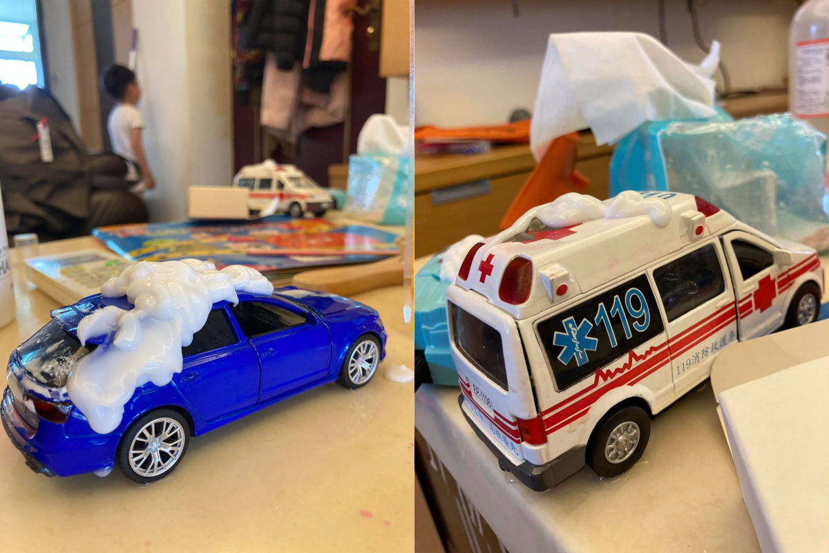 ▲有網友的兒子停課第一天就闖禍，竟拿媽媽的「2樣物品」洗玩具車。（圖／翻攝自《爆廢公社》 ）