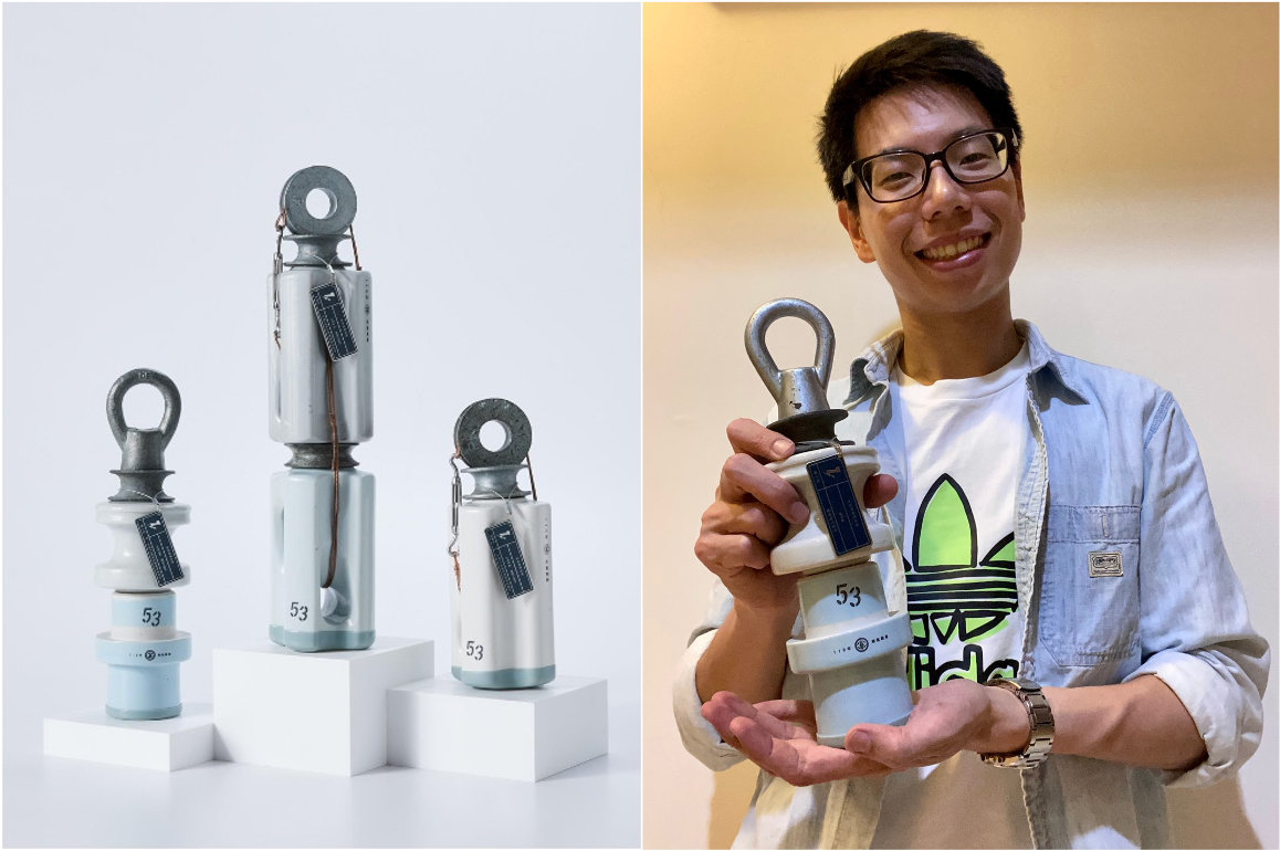 ▲台電技能競賽配電地下電纜個人組冠軍鄭宇竣手持台電文創絕緣礙子獎盃，直呼特別。（圖／台電公司提供）