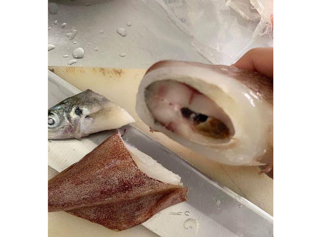 ▲有網友購買的透抽體內，有一整隻完整的魚。（圖／翻攝《爆怨2公社》）