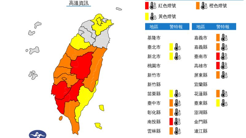 ▲中央氣象局發布高溫資訊，南投、台南、高雄有出現38度高溫的機率。（圖／中央氣象局提供）