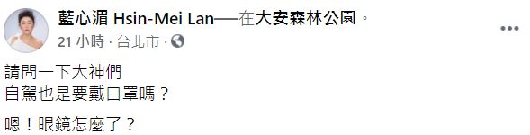 ▲藍心湄提出「自駕要不要戴口罩」的疑問。（圖／藍心湄臉書）