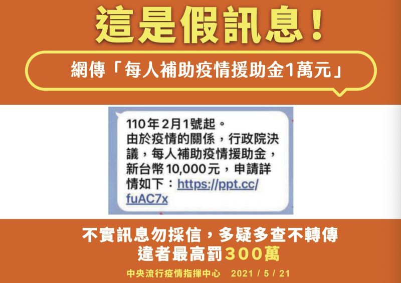 ▲網傳「每人補助疫情援助金1萬元」為假訊息，