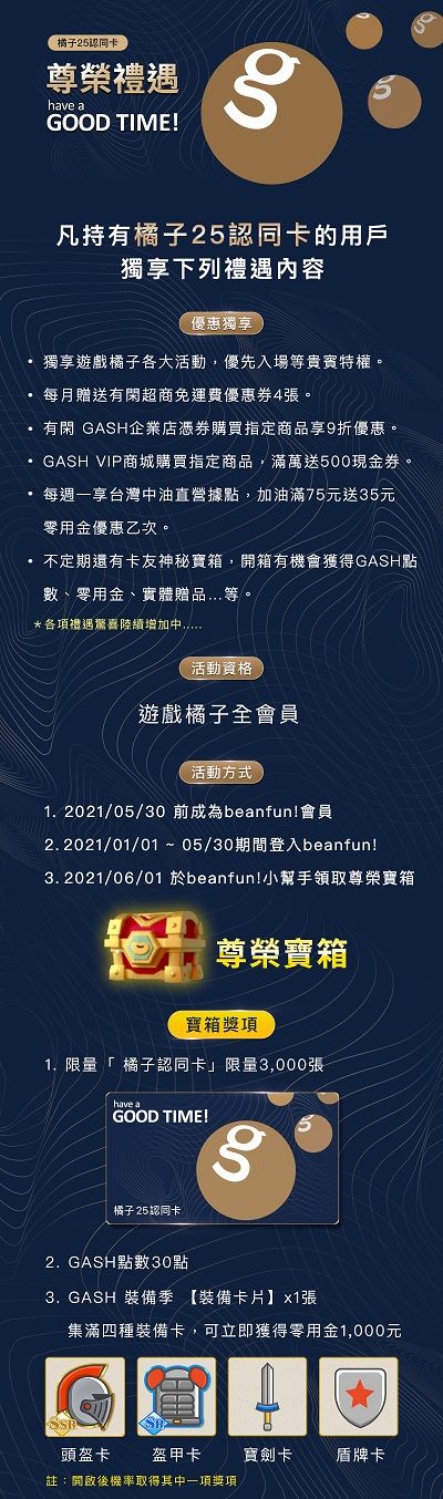 ▲只要在5月30日前加入beanfun!會員，於6月1日登入beanfun!小幫手領取尊榮寶箱，開啟寶箱就有機會得到限量「橘子25認同卡」。（圖／品牌提供）