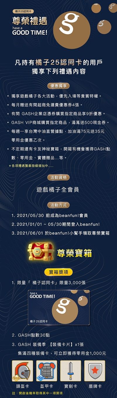 ▲只要在5月30日前加入beanfun!會員,於6月1日登入beanfun!小幫手領取尊榮寶箱,開啟寶箱就有機會得到限量「橘子25認同卡」。(圖/品牌提供)