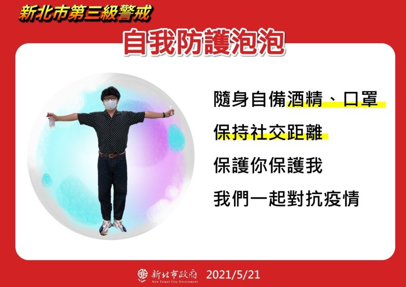 ▲侯友宜呼籲民眾盡量保持適當的社交安全距離,希望民眾在家可做「自我防護泡泡」的動作。(圖/新北市政府提供)