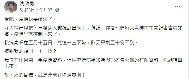 ▲沈政男引用莊人祥所公布的「發病趨勢圖」並表示,發病高峰在5月15日,然後一直下降,接下來的目標就是達成社區清零。(圖/翻攝自沈政男臉書)