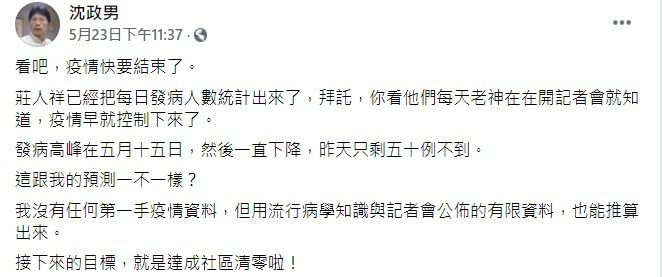 ▲沈政男引用莊人祥所公布的「發病趨勢圖」並表示，發病高峰在5月15日，然後一直下降，接下來的目標就是達成社區清零。（圖／翻攝自沈政男臉書）