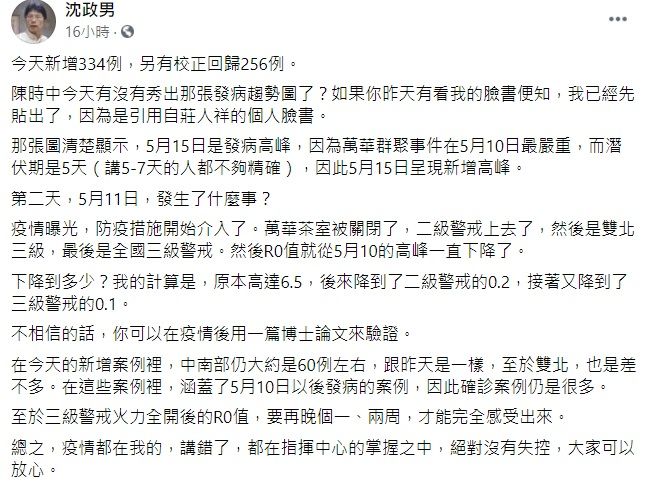 ▲沈政男引用莊人祥所公布的「發病趨勢圖」,分析直指「5月15日是發病高峰,疫情都在指揮中心的掌握之中,絕對沒有失控,大家可以放心。」(圖/翻攝自沈政男臉書)