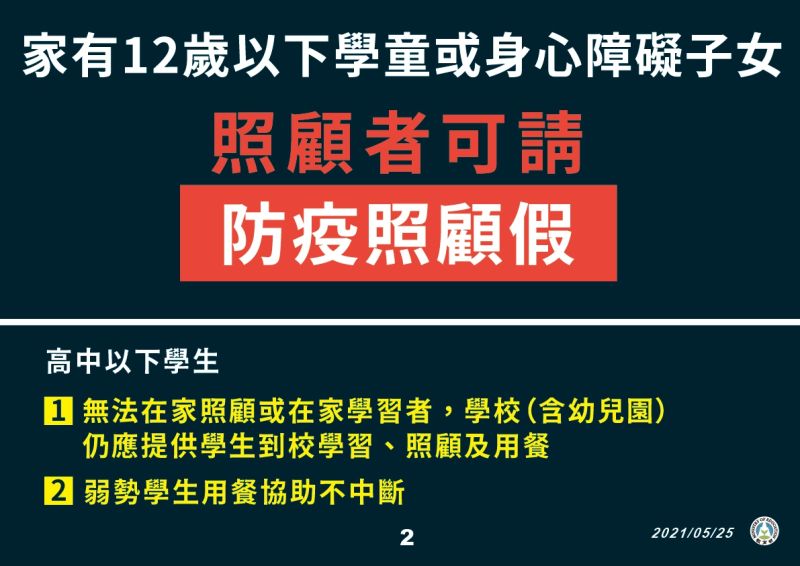 ▲家有12歲以下學童或身心障礙子女照顧者可請防疫照顧假。（圖／指揮中心提供）