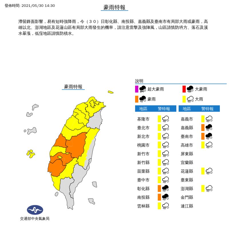 ▲鋒面南移，氣象局針對台南及嘉義縣追加發布豪雨特報。（圖／中央氣象局提供）