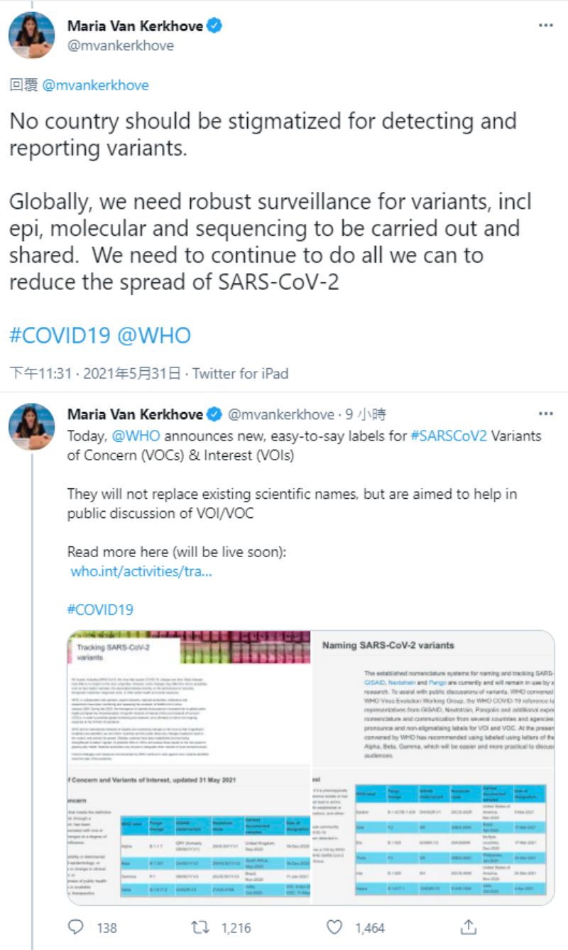▲世衛流行病學家范科霍芙在推特上,公布有關新冠變種病毒的最新命名、編碼計畫。(圖/翻攝自Maria