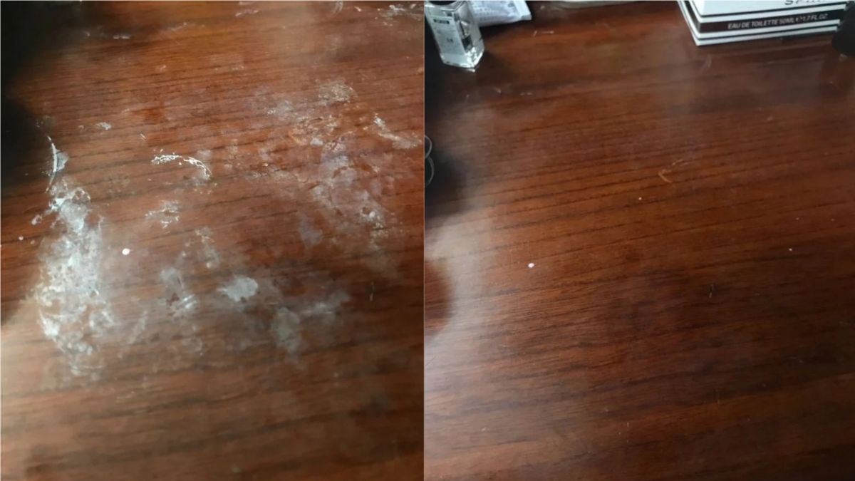 ▲一名女網友利用含酒精的溼紙巾擦拭木桌，沒想到桌面卻出現一大片宛如黴菌的白色斑點，照片曝光後也調出內行解釋真正原因。（圖／翻攝自《Dcard》）
