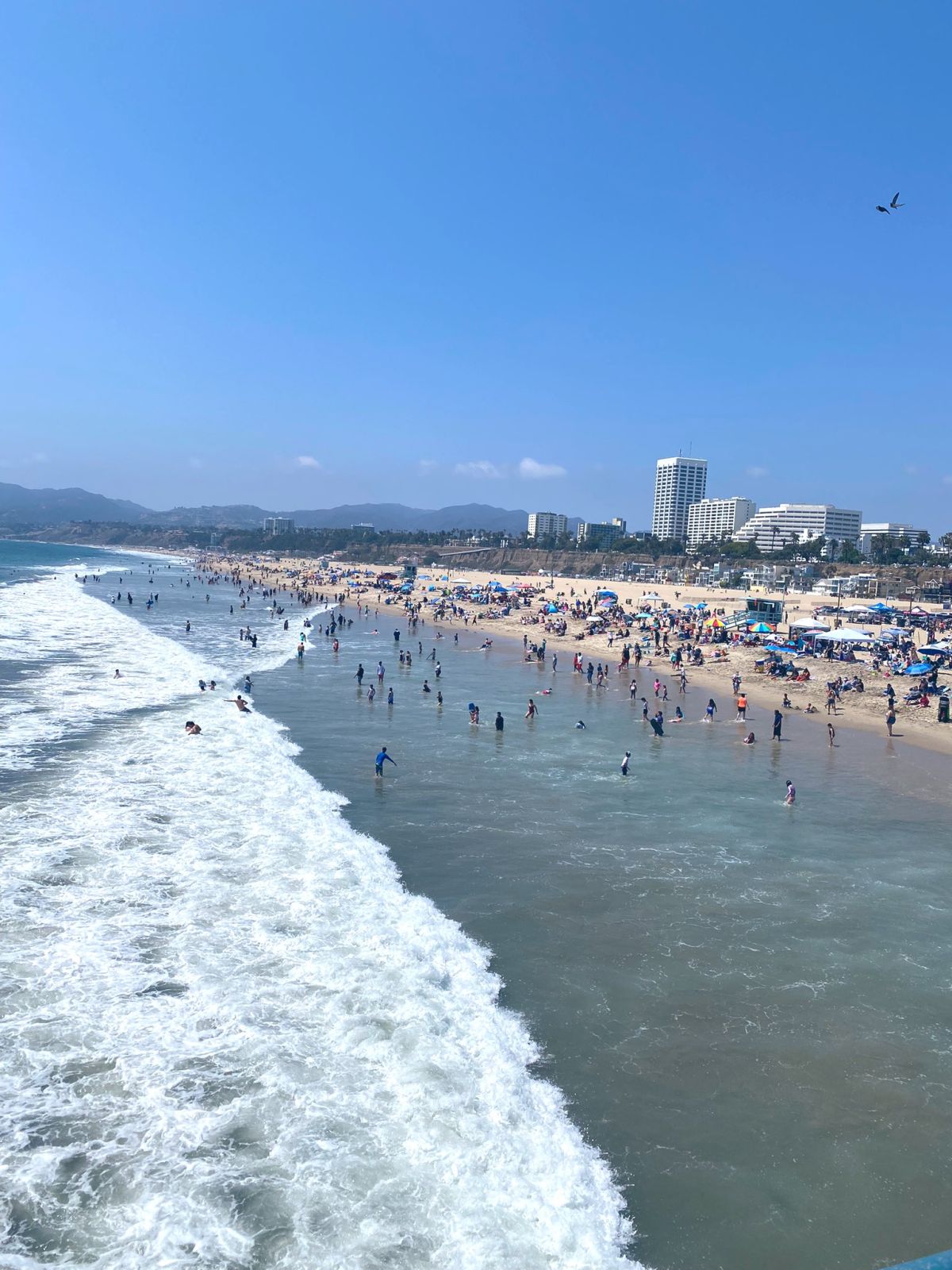 ▲在先前連假時，加州聖塔莫尼卡(Santa Monica) 海灘已經擠滿泳客。（圖／翻攝自James Spann推特）