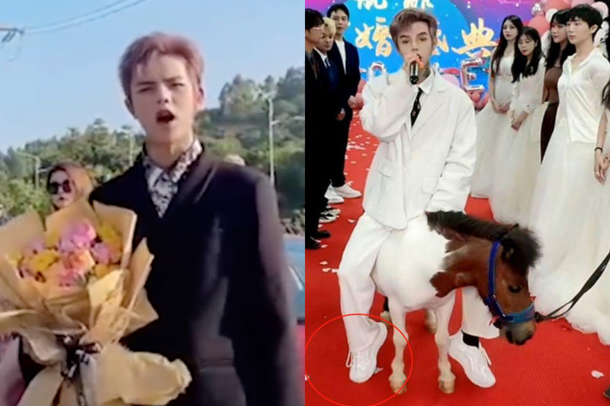 ▲右圖紅圈處是網紅直播求婚時兜售的球鞋。（圖／翻攝自微博