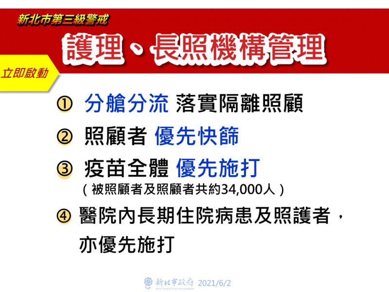 ▲新北市公布護理、長照機構的防疫措施，包括採取分艙、分流的照顧，及照護者優先快篩及打疫苗。（圖／新北市政府提供）