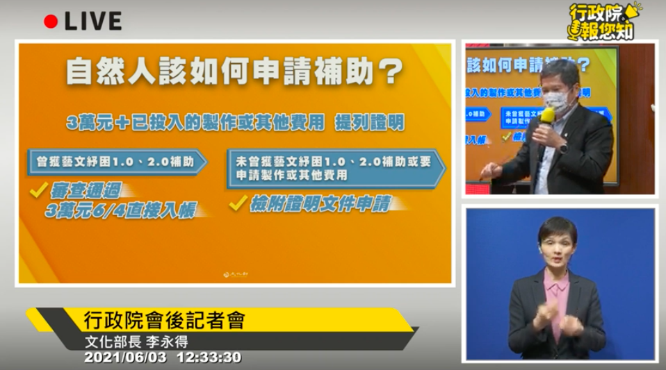 ▲文化部長李永得說明藝文紓困4.0。（圖／行政院會記者會直播）