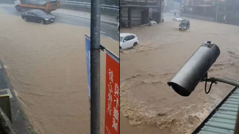 ▲新北新店區的華城路被「混濁泥水化成黃河」。（圖／翻攝臉書粉專《記者媽的日常》）