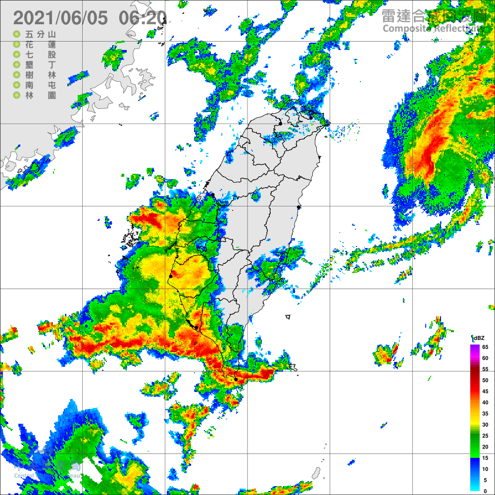 ▲原彩雲颱風，現在已成熱帶性低氣壓，然後受到梅雨鋒面影響，易有短延時強降雨，氣象局今（5）日發布豪雨特報。（圖／擷取自氣象局）