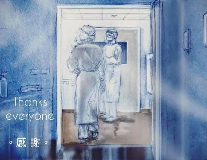 ▲ICU醫師陳志金5日就在臉書分享確診者所畫的「2幅畫」，描繪出她在住院期間，從隔離病房內，隔著房門看見前室醫護人員正忙碌工作的畫面。（圖／翻攝自陳志金臉書）