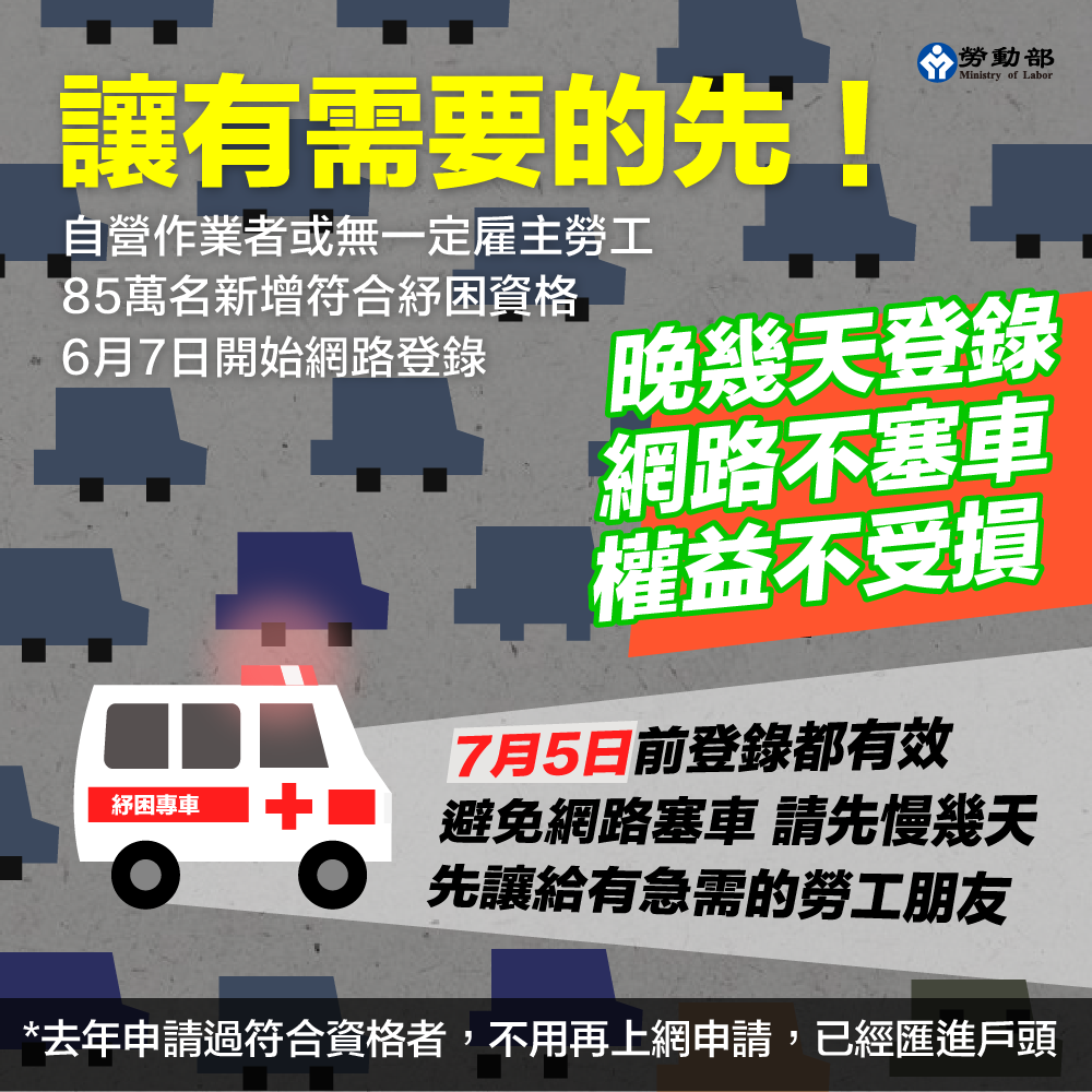 ▲勞動部紓困補貼7日開放線上登錄，共有85萬名勞工符合資格。（圖／勞動部提供）