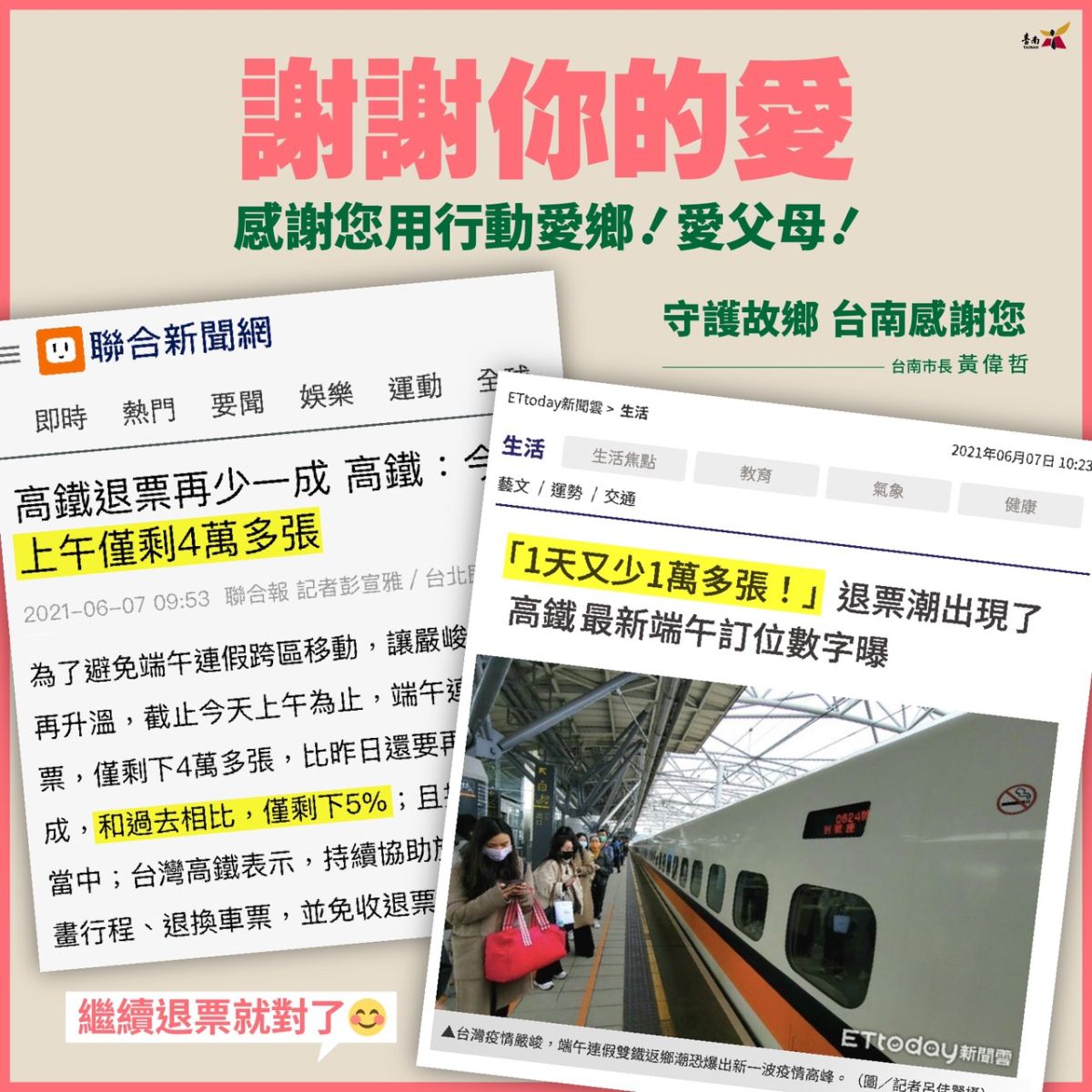 ▲高鐵在1天內退票1萬張，台南市長黃偉哲表示，感謝民眾以行動愛家鄉，希望民眾繼續退票、繼續宅在原地過節，大家疫後再相聚。（圖／翻攝自黃偉哲臉書）