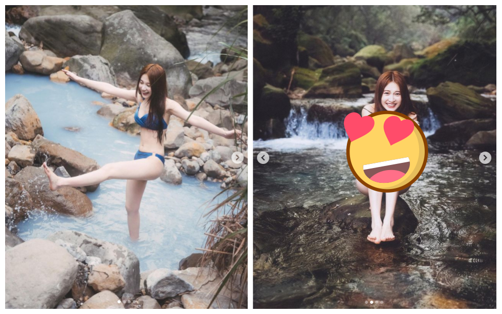 ▲艾瑞絲分享在溪邊泡溫泉的美照，其中一張照片看起來像沒穿比基尼。（圖／翻攝艾瑞絲IG）