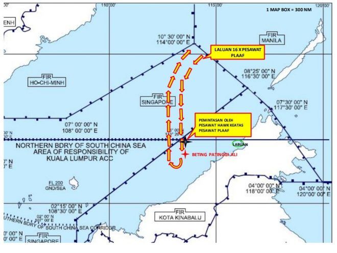 ▲馬來西亞空軍於中國軍機入侵馬國沙勞越空域後，隨即製做相關的飛航路徑圖供大眾參考，這是近幾年中馬關係中所未見的舉措。（圖／馬來西亞空軍臉書）