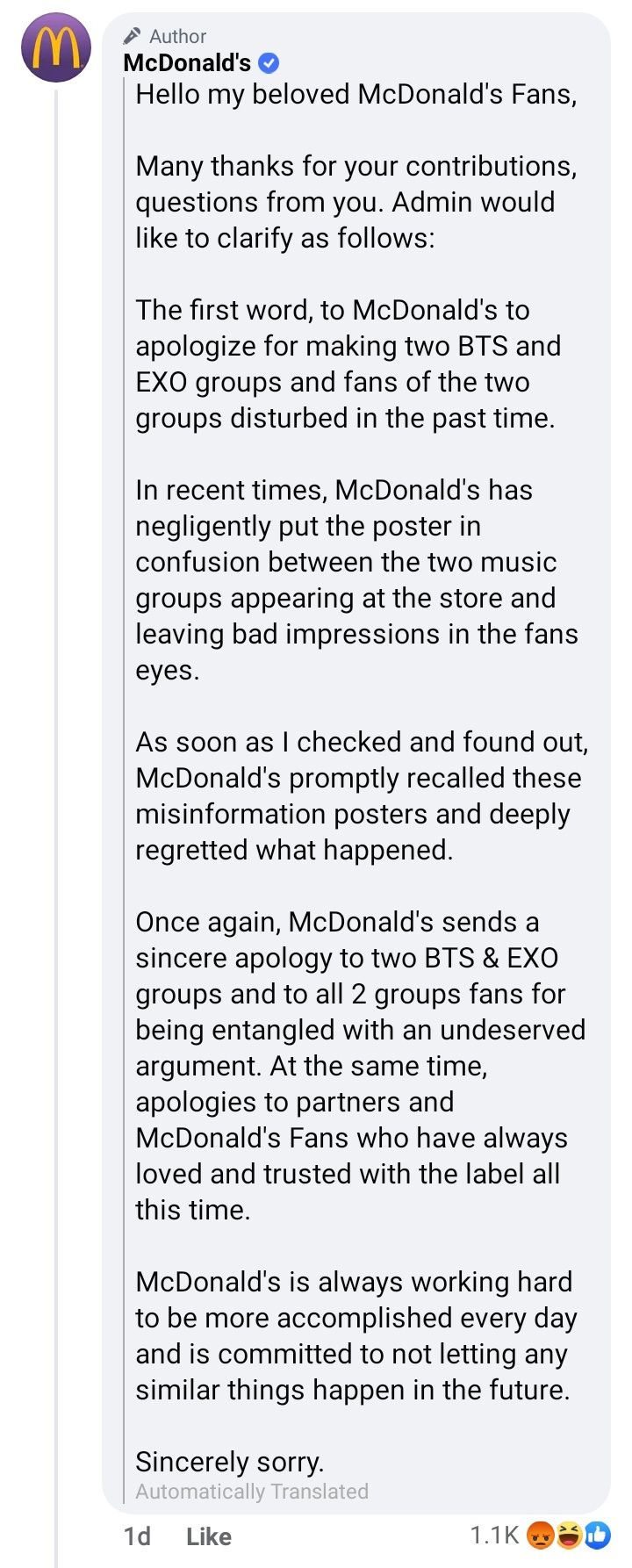 ▲▼麥當勞把EXO認成BTS，已發文道歉。（圖／Twitter）