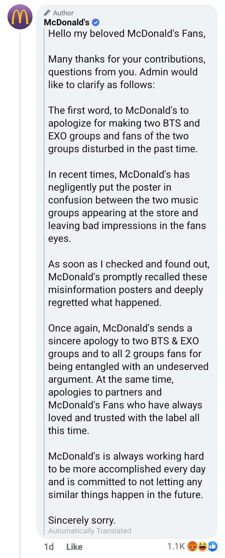 ▲▼麥當勞把EXO認成BTS,已發文道歉。(圖/Twitter)