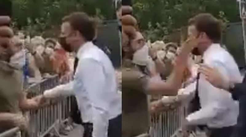 ▲法國總統馬克宏向民眾握手，結果一名男子甩他一巴掌。(圖／截自YOUTUBE影片)