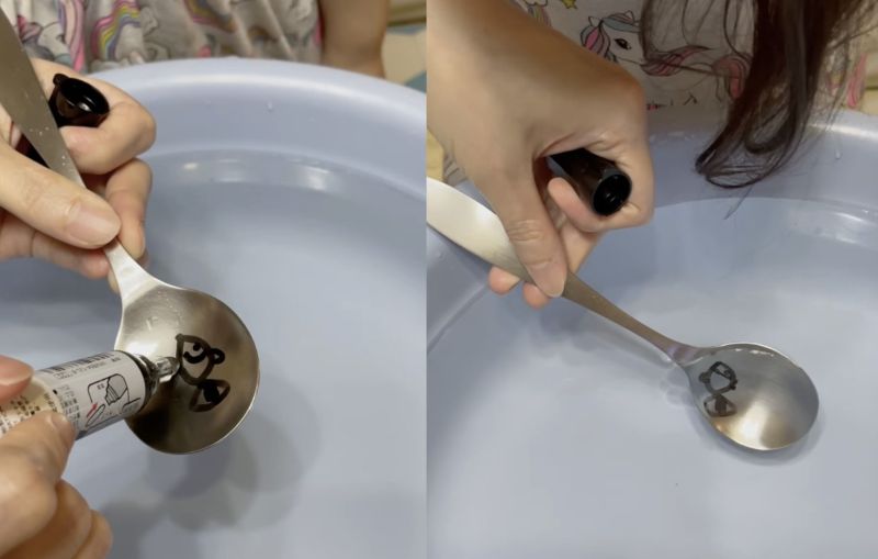 ▲媽媽用湯匙+水性白板筆玩創意遊戲，一隻魚就這樣浮在水面，讓小孩玩得超開心。（圖/爆廢公社）