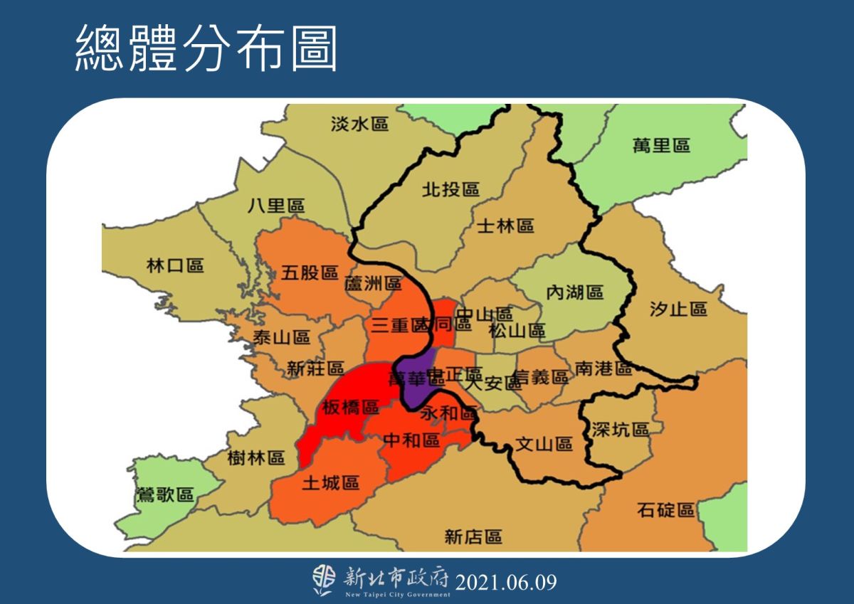 ▲侯友宜指出，依據總體趨勢圖來看，疫情沿著萬華的周遭進行區域的擴散；讓圍繞在萬華的新北三重、中永和、板橋與新莊，成為高風險的區域。（圖／新北市政府新聞局提供）
