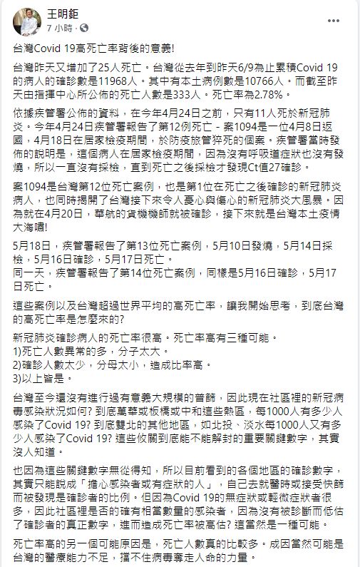 ▲王明鉅在臉書上針對台灣Covid-19高死亡率做出分析。（圖／翻攝王明鉅臉書）