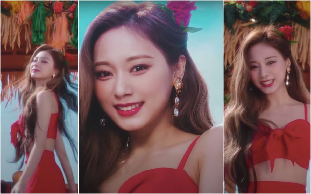 ▲子瑜新曲中穿上鮮紅泳裝，性感再升級。（圖／JYP Entertainment YouTube）