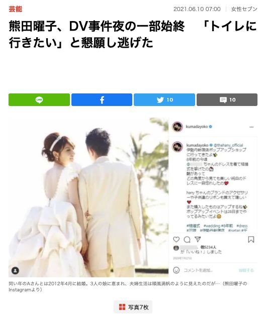 ▲▼熊田曜子被老公指控外遇;男生卻被女生控訴家暴,提出錄音檔與驗傷單佐證。(圖/翻攝週刊文春、女性Seven)