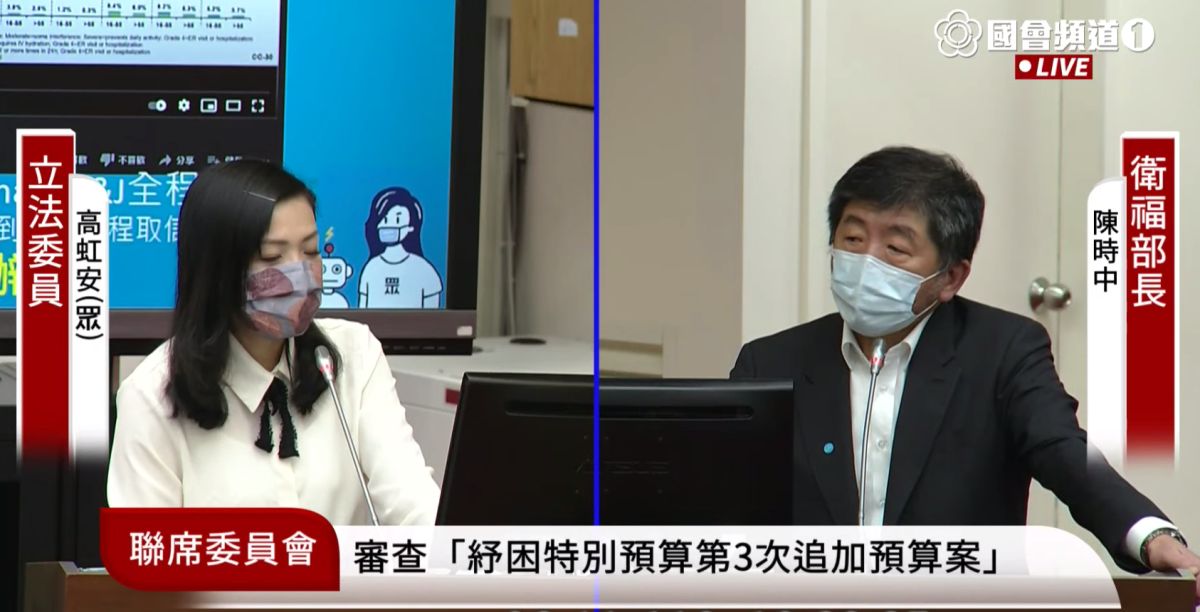 ▲針對國產疫苗是否買貴，民眾黨立委高虹安與衛福部長陳時中互嗆。（圖／截圖自國會直播）