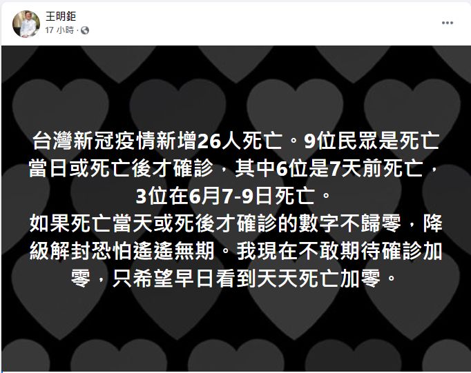 ▲王明鉅直言,「如果死亡當天或死後才確診的數字不歸零,降級解封恐怕遙遙無期。」(圖/翻攝自王明鉅臉書)